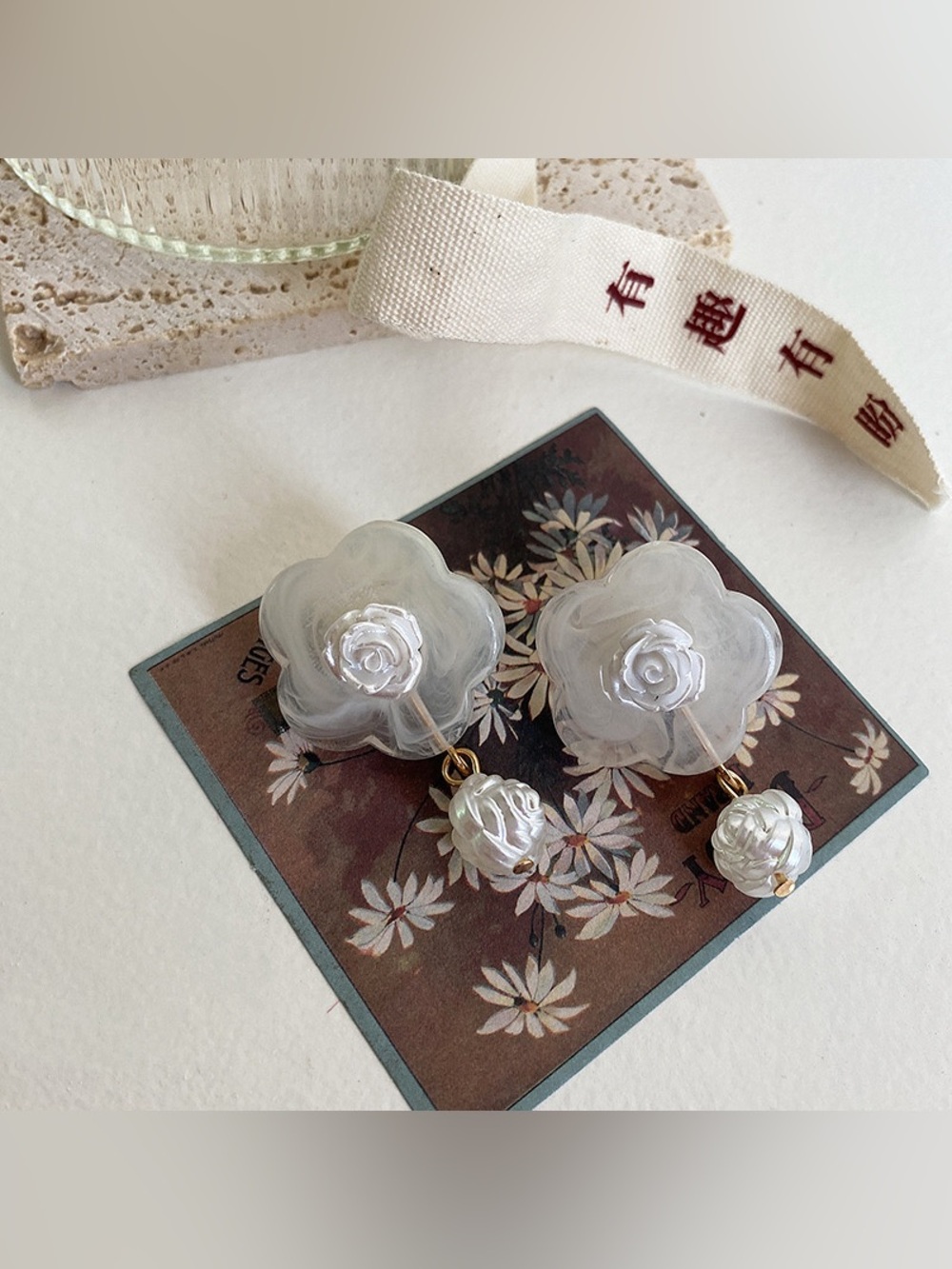 Korean Vintage Geometric Floral White Drop Earrings